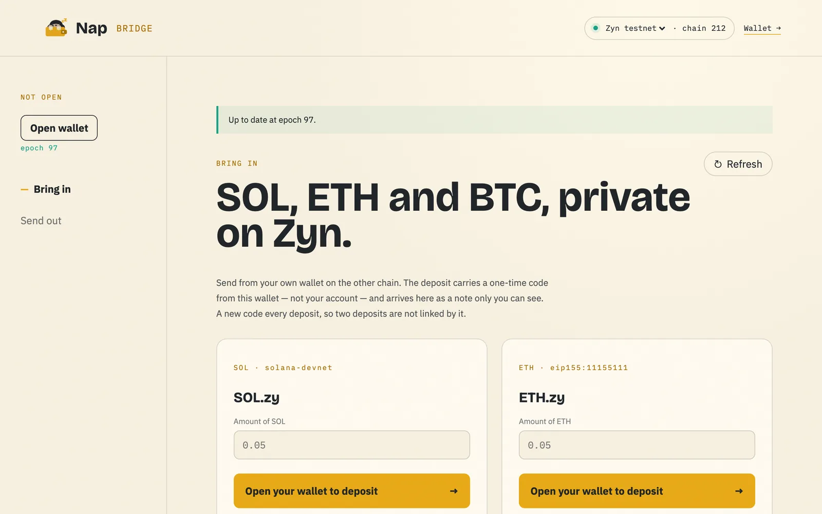 Nap Bridge: SOL, ETH and BTC, private on Zyn