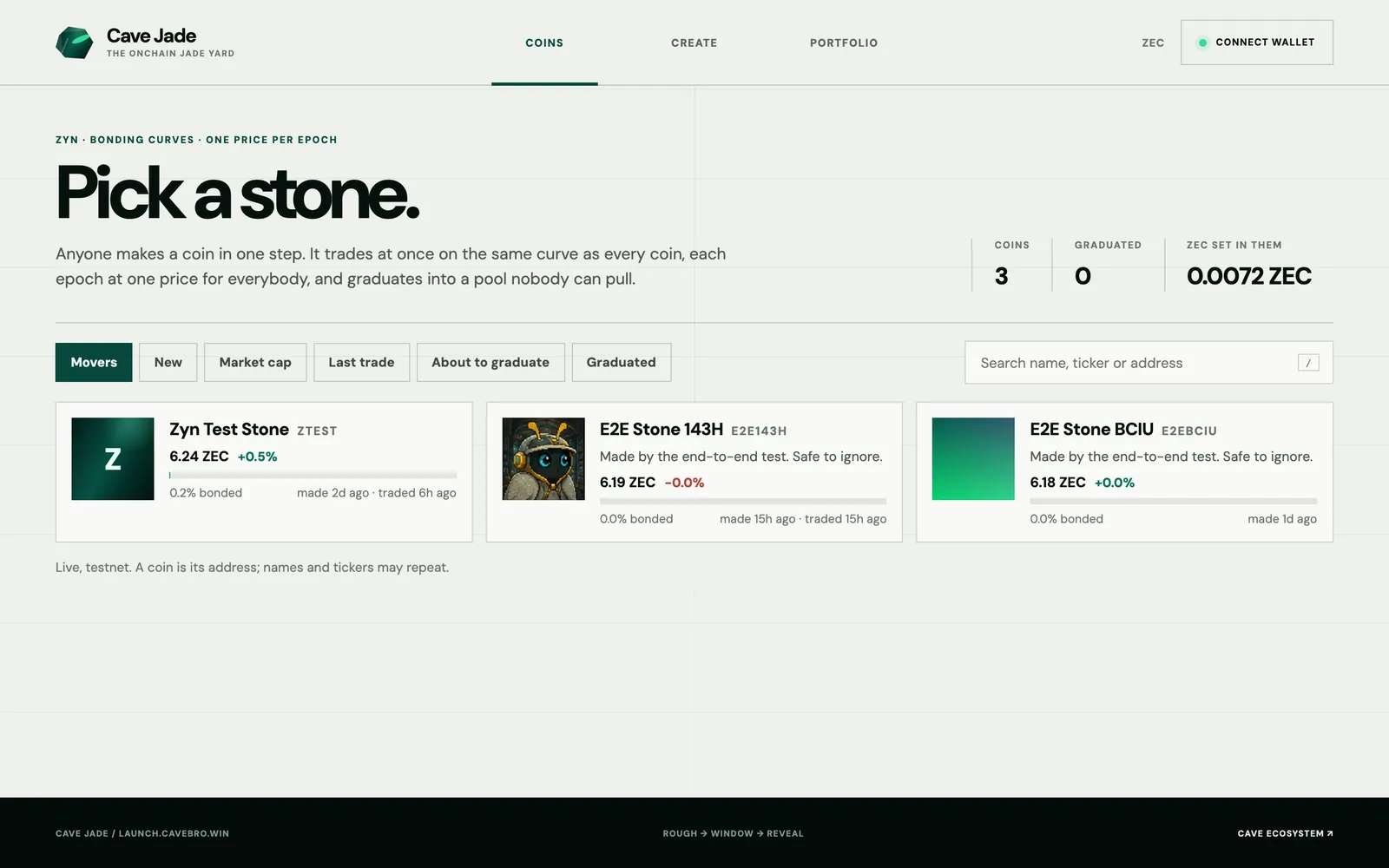 Cave Jade launchpad: coins on bonding curves