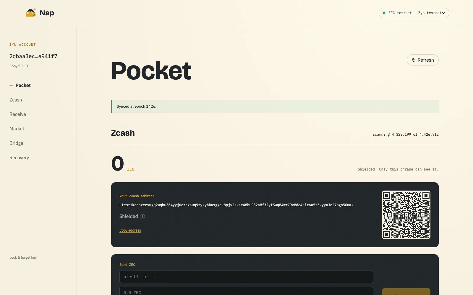 Nap Wallet: a testnet wallet's pocket with its shielded Zcash address